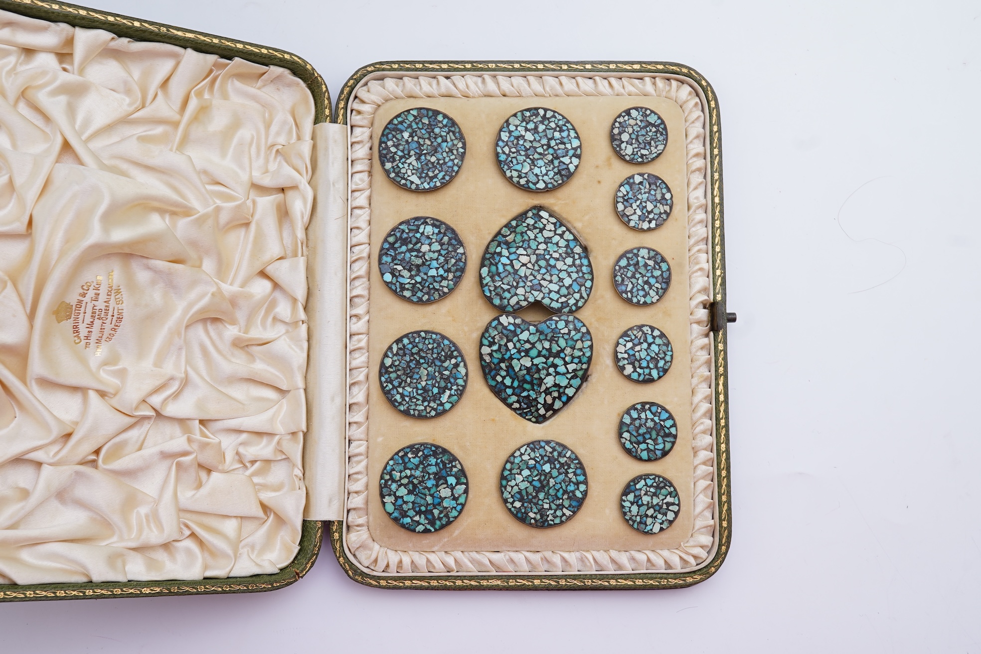 Retailed by Carrington & Co., an unusual Arts & Crafts turquoise dress set, circa 1905